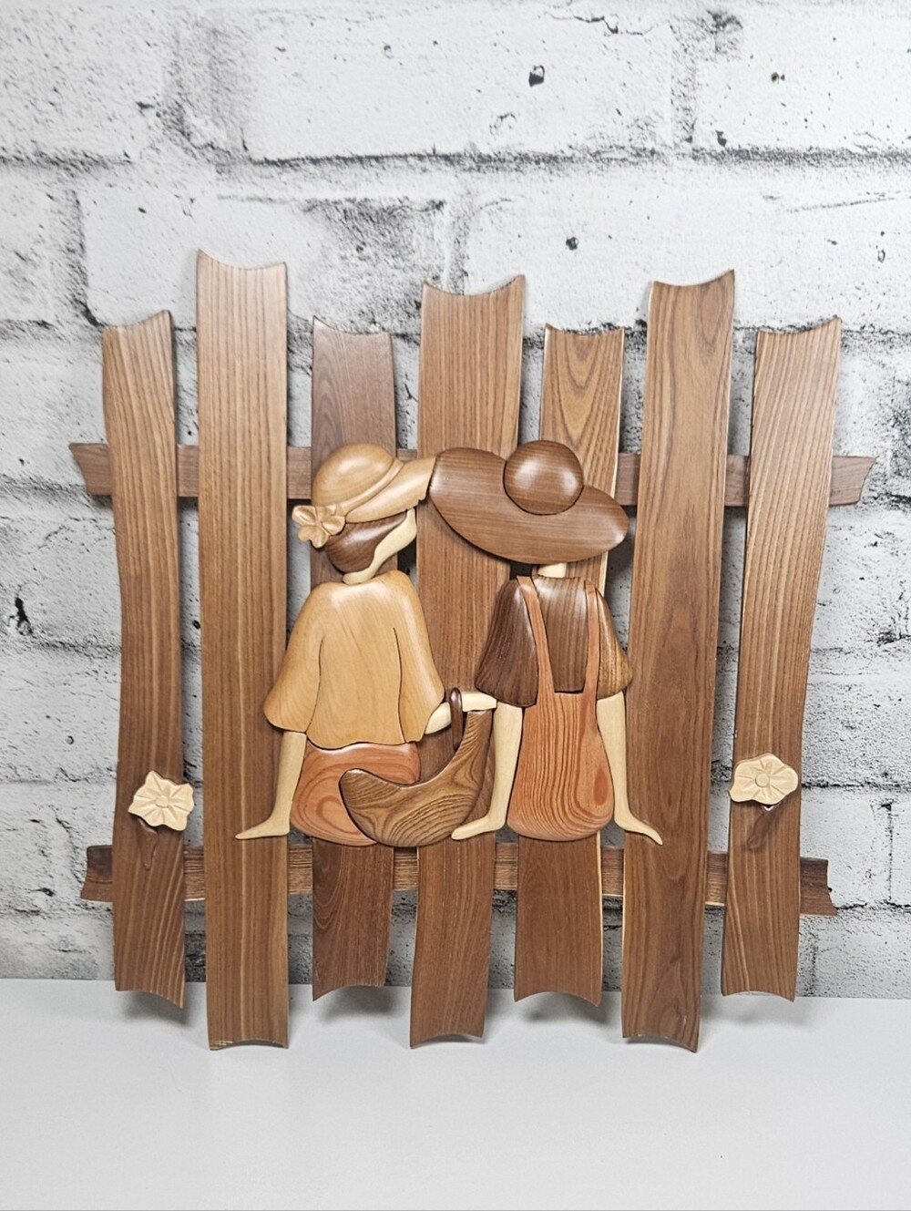 Handcrafted Wooden Wall Art Country Girls on Fence Rustic Folk Art Decor